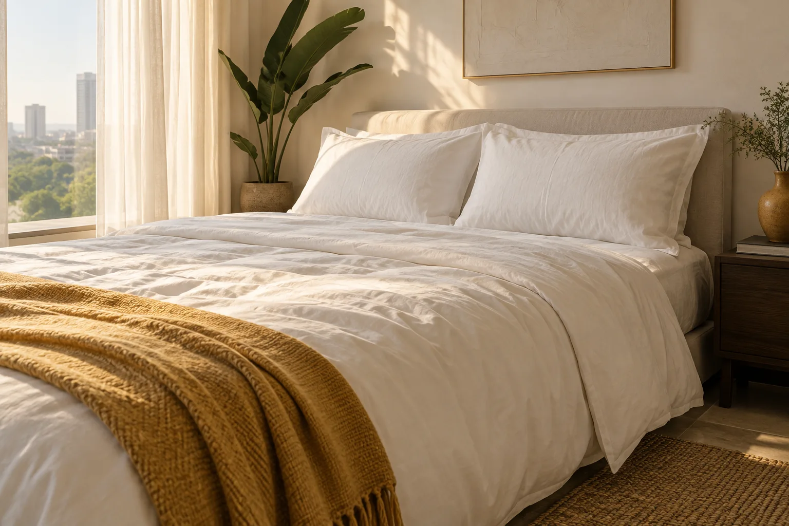 Bedroom styling concept with white bedding and a golden throw